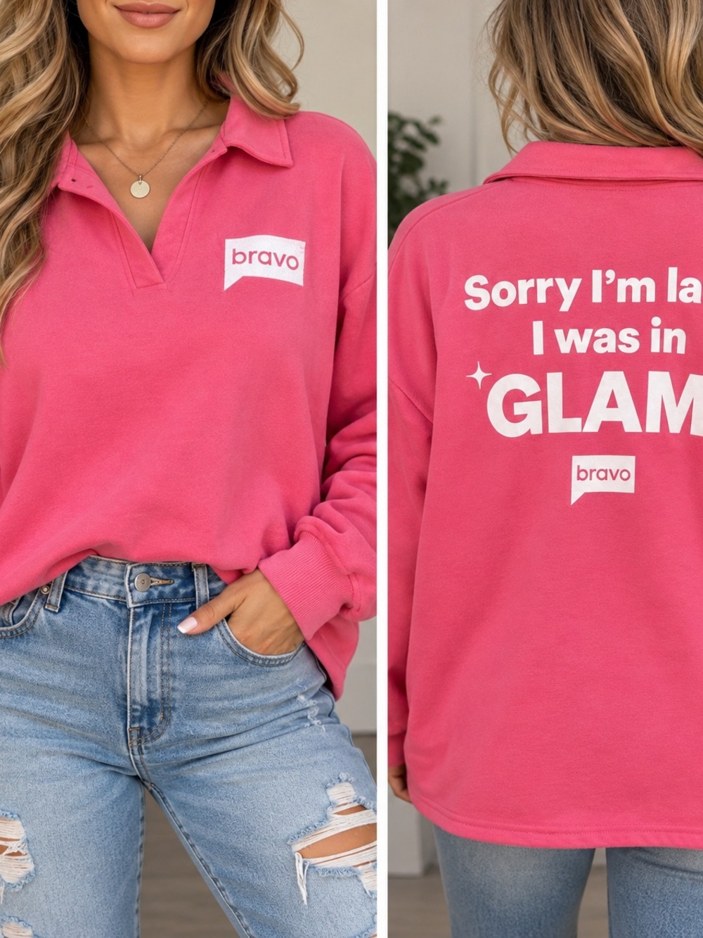 Bravo “Sorry I’m Late I Was in GLAM” Pink Pullover Size Medium NWT